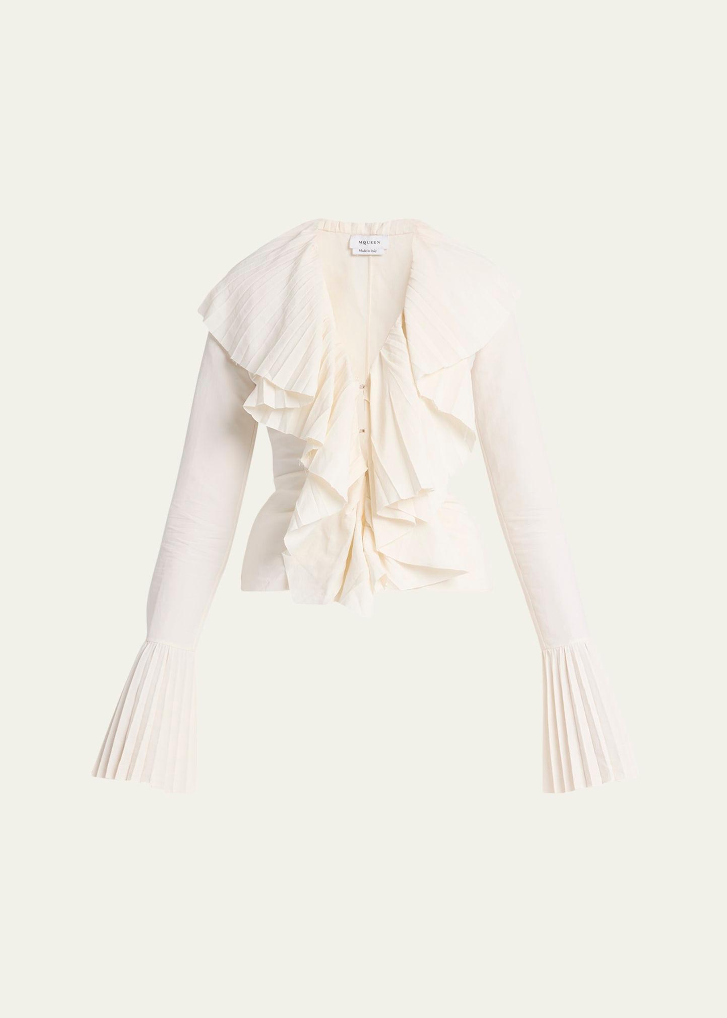 long-sleeve v-neck pleated ruffle blouse