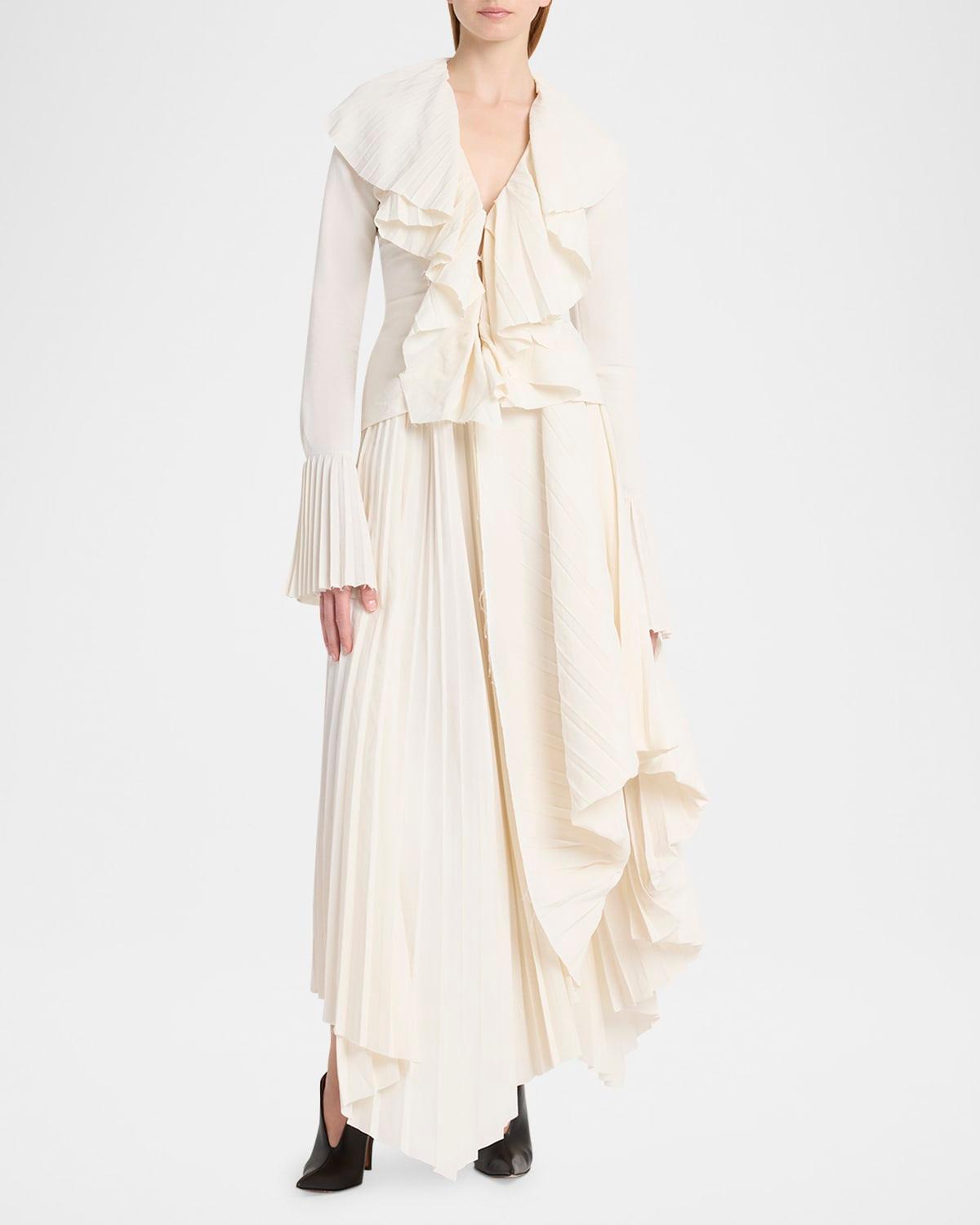 long-sleeve v-neck pleated ruffle blouse