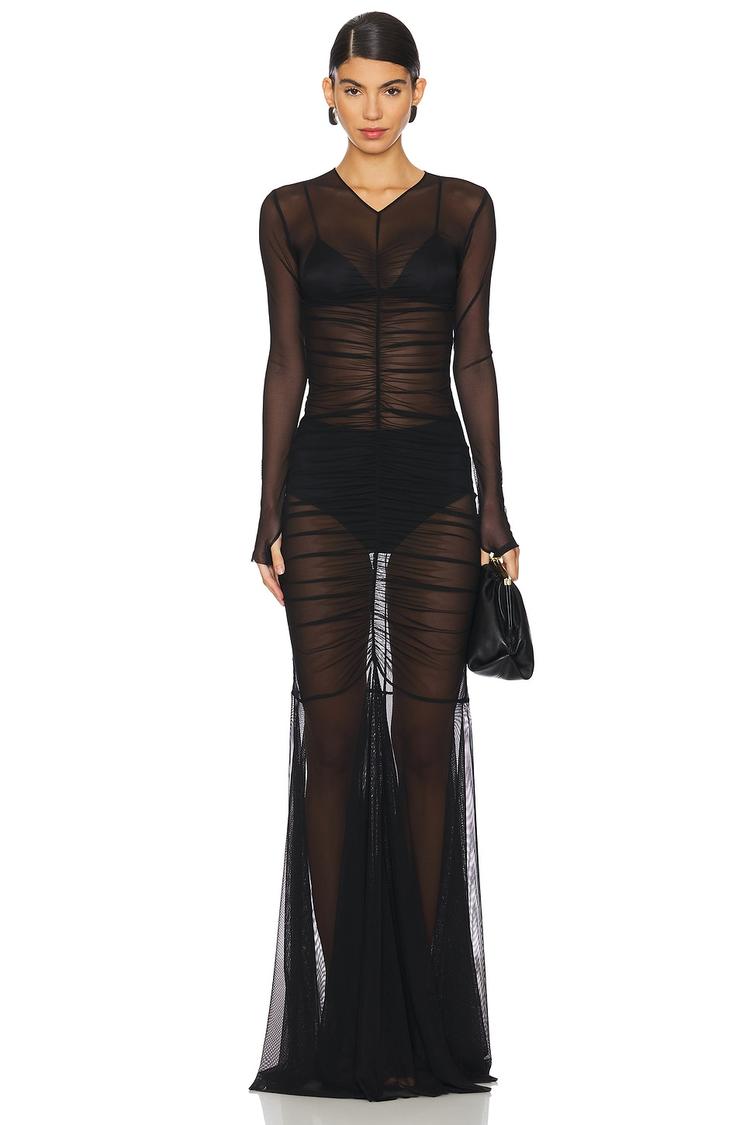 long sleeve v neck shirred front fishtail gown