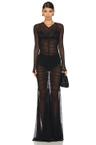 long sleeve v neck shirred front fishtail gown