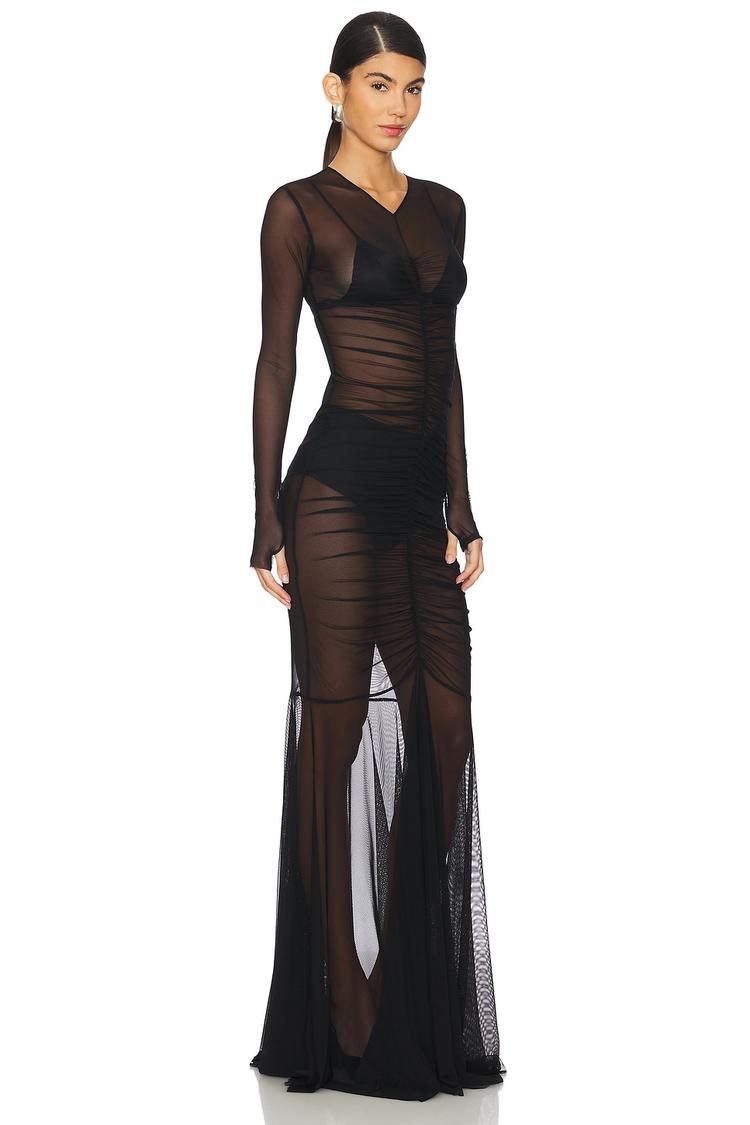 long sleeve v neck shirred front fishtail gown
