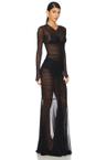 long sleeve v neck shirred front fishtail gown