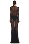 long sleeve v neck shirred front fishtail gown