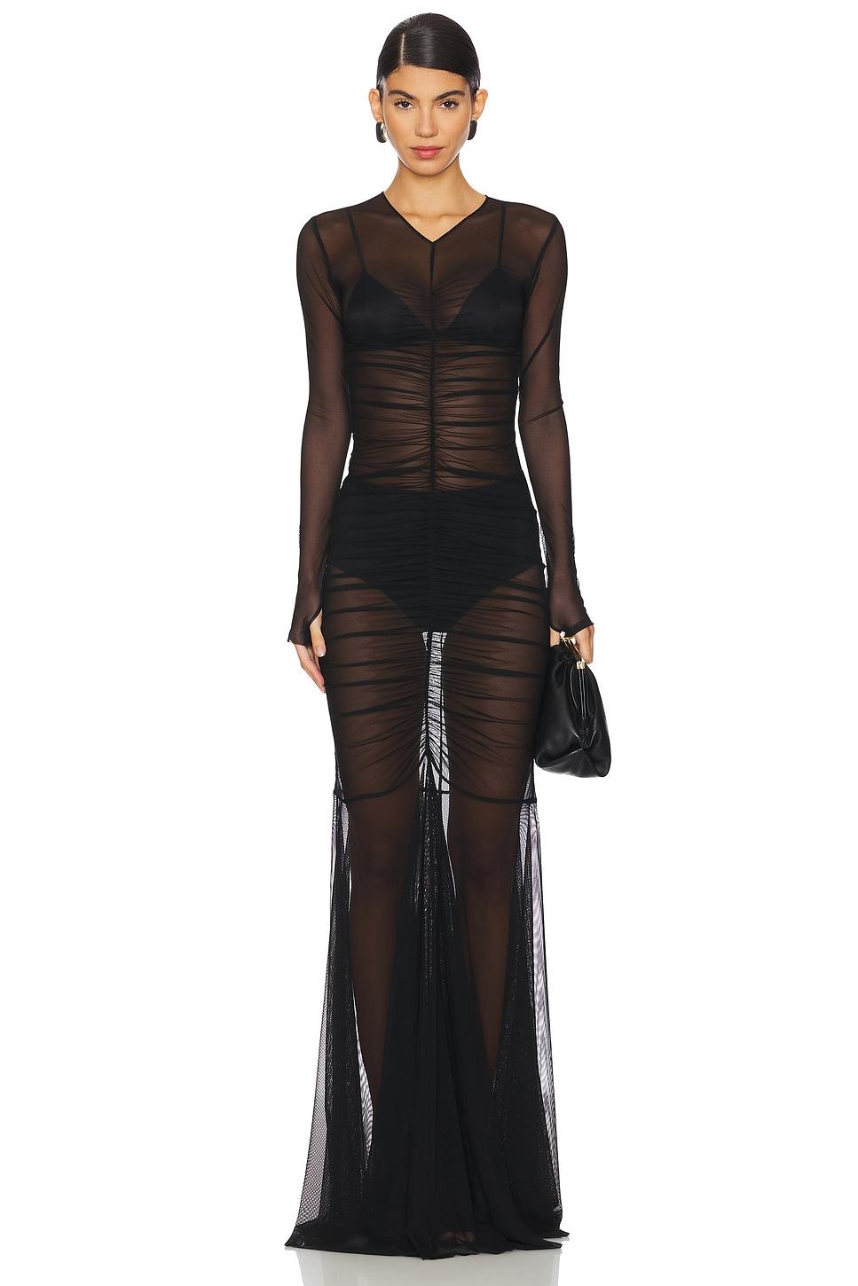 long sleeve v neck shirred front fishtail gown