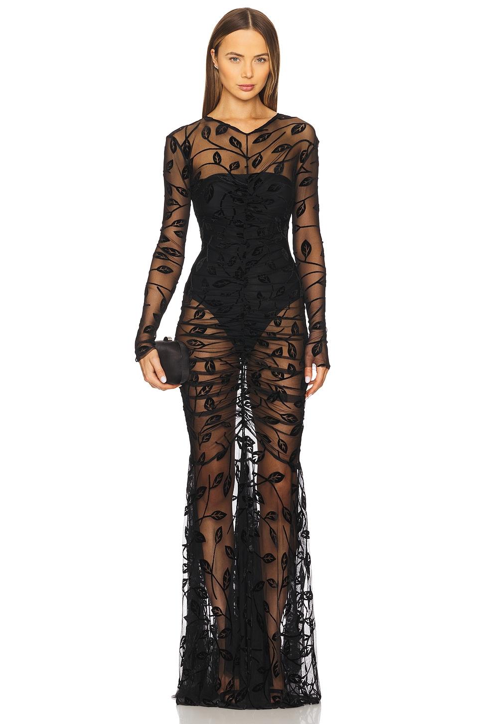 long sleeve v neck shirred front fishtail gown