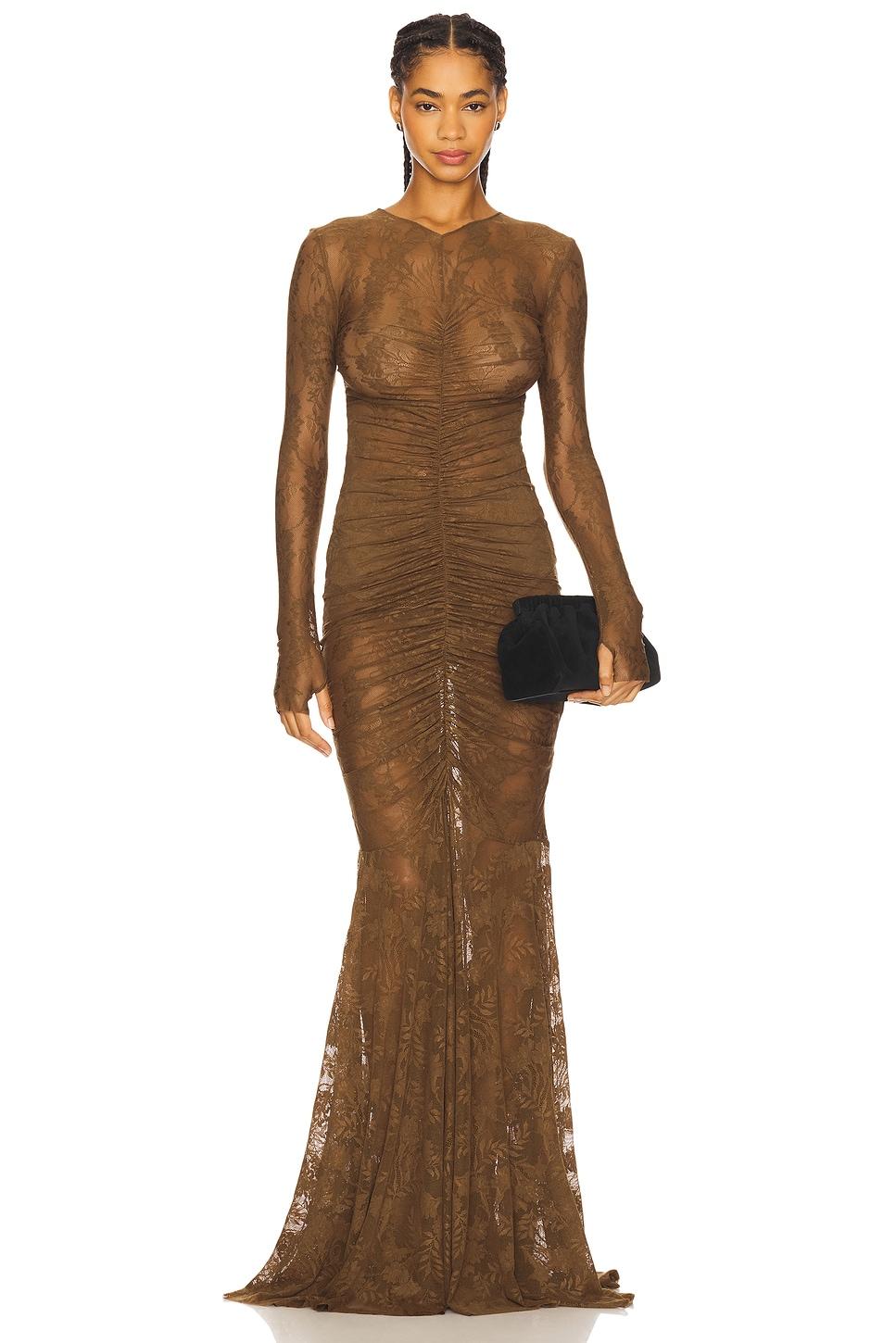 long sleeve v neck shirred front fishtail gown