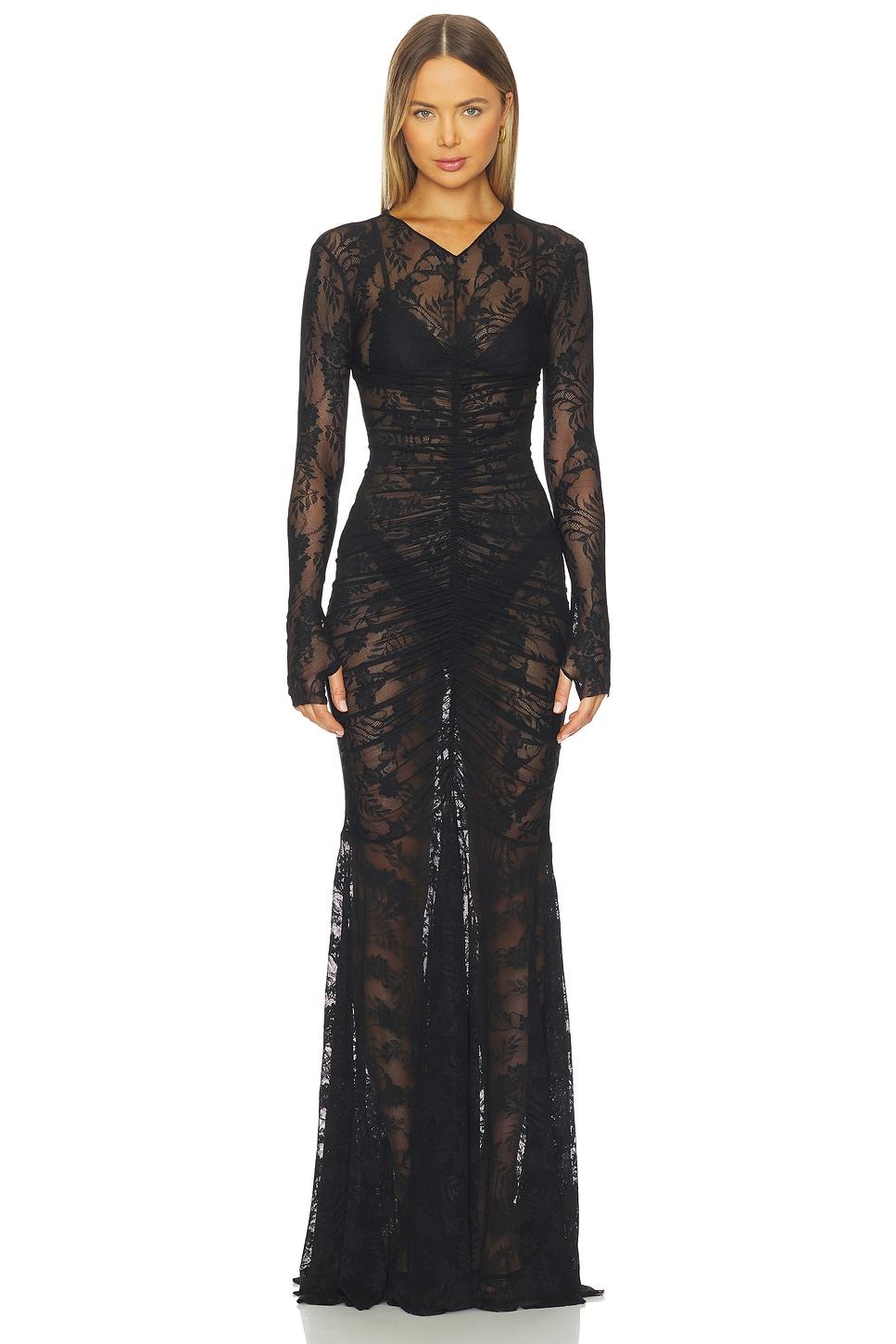 long sleeve v neck shirred front fishtail gown