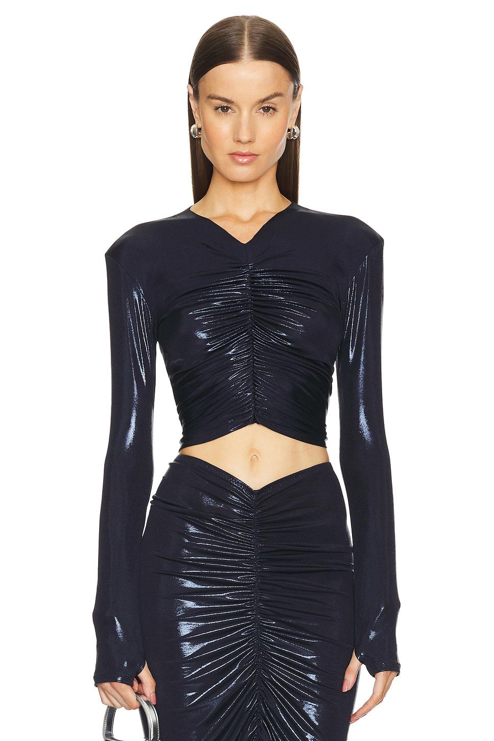 long sleeve v neck shirred front top
