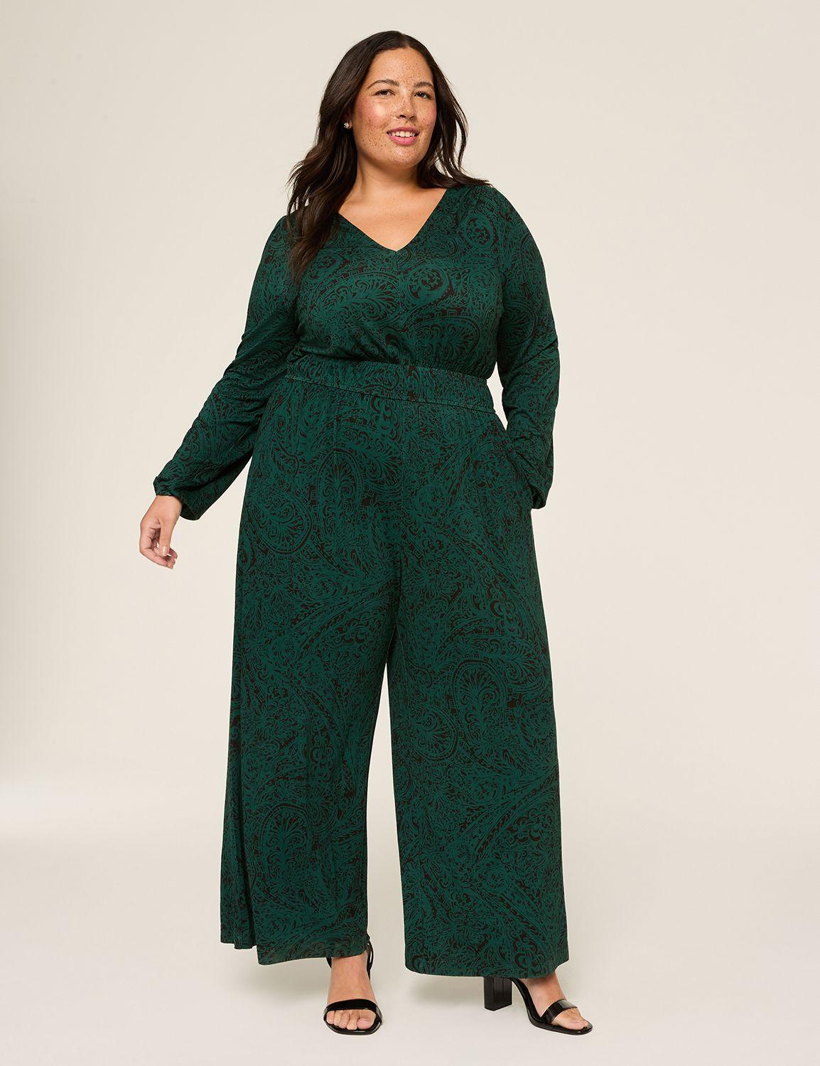 long-sleeve v-neck smocked-waist jumpsuit