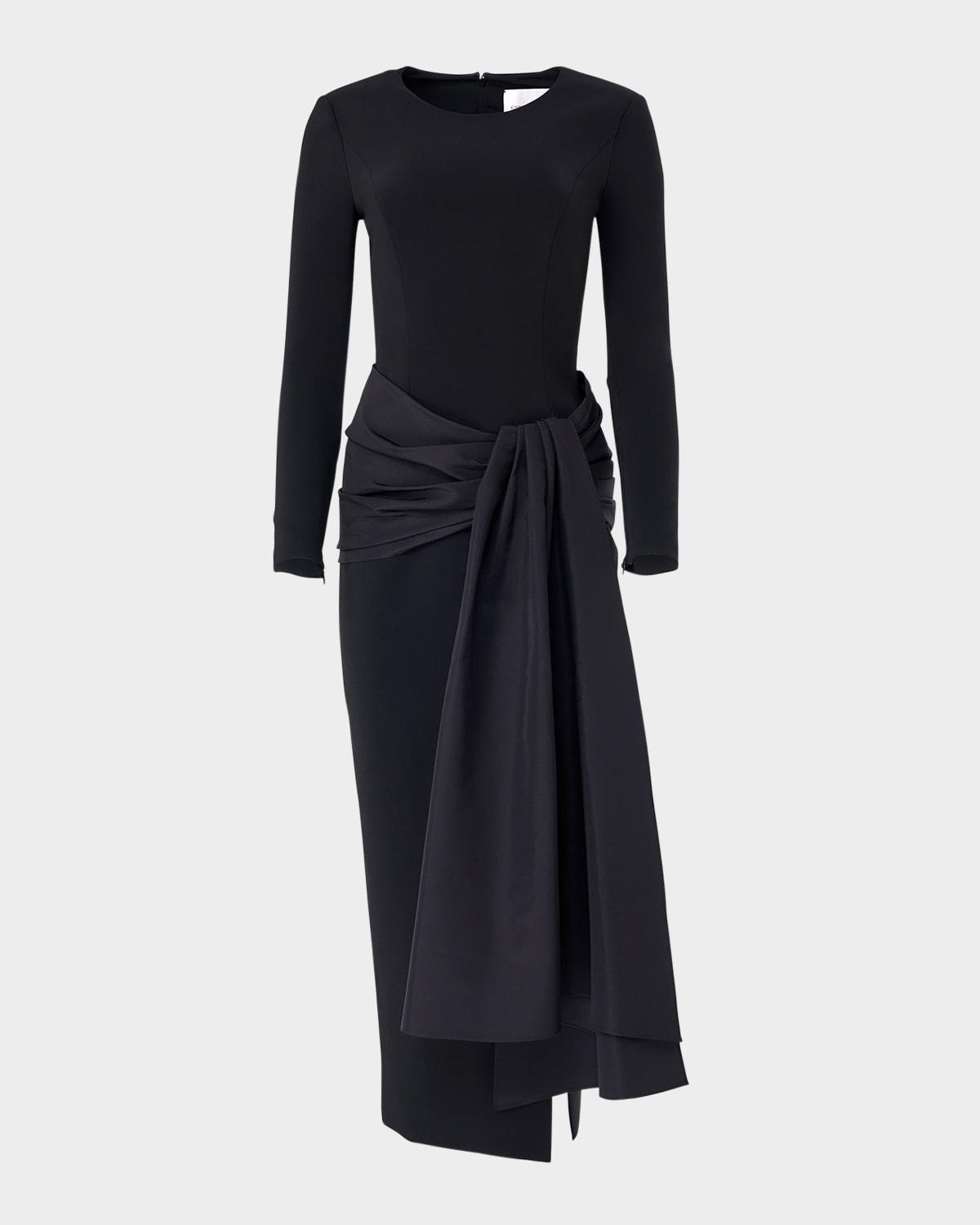 long-sleeve waist sash slit midi dress
