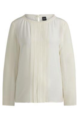 long-sleeved blouse in washed silk with pleated front- white women's business blouses