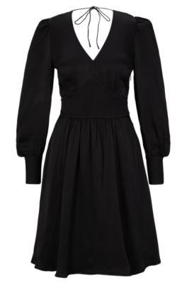 long-sleeved dress in hammered satin with v neckline- black women's day dresses