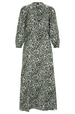 long-sleeved dress in printed canvas with buttoned placket- patterned women's business dresses