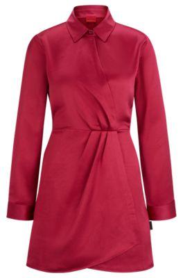 long-sleeved dress in satin with wrap front- pink women's day dresses