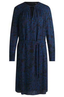 long-sleeved dress with floral print and belt- patterned women's business dresses