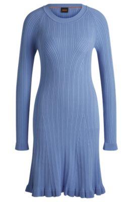 long-sleeved knitted dress with ribbed structure- blue women's knitted dresses