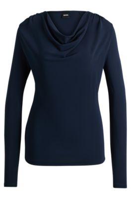 long-sleeved top in stretch crepe with cowl neckline- dark blue women's casual tops