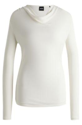 long-sleeved top in stretch crepe with cowl neckline- white women's casual tops