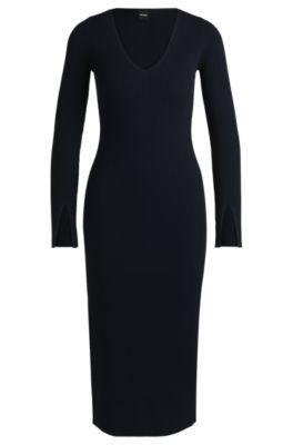 long-sleeved v-neck dress with ribbed knit- dark blue women's knitted dresses
