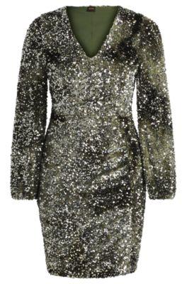 long-sleeved velour dress with gathered details- dark green women's business dresses