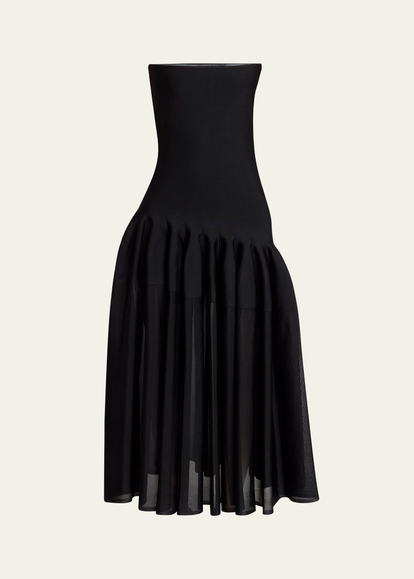long strapless pleated fit-flare dress