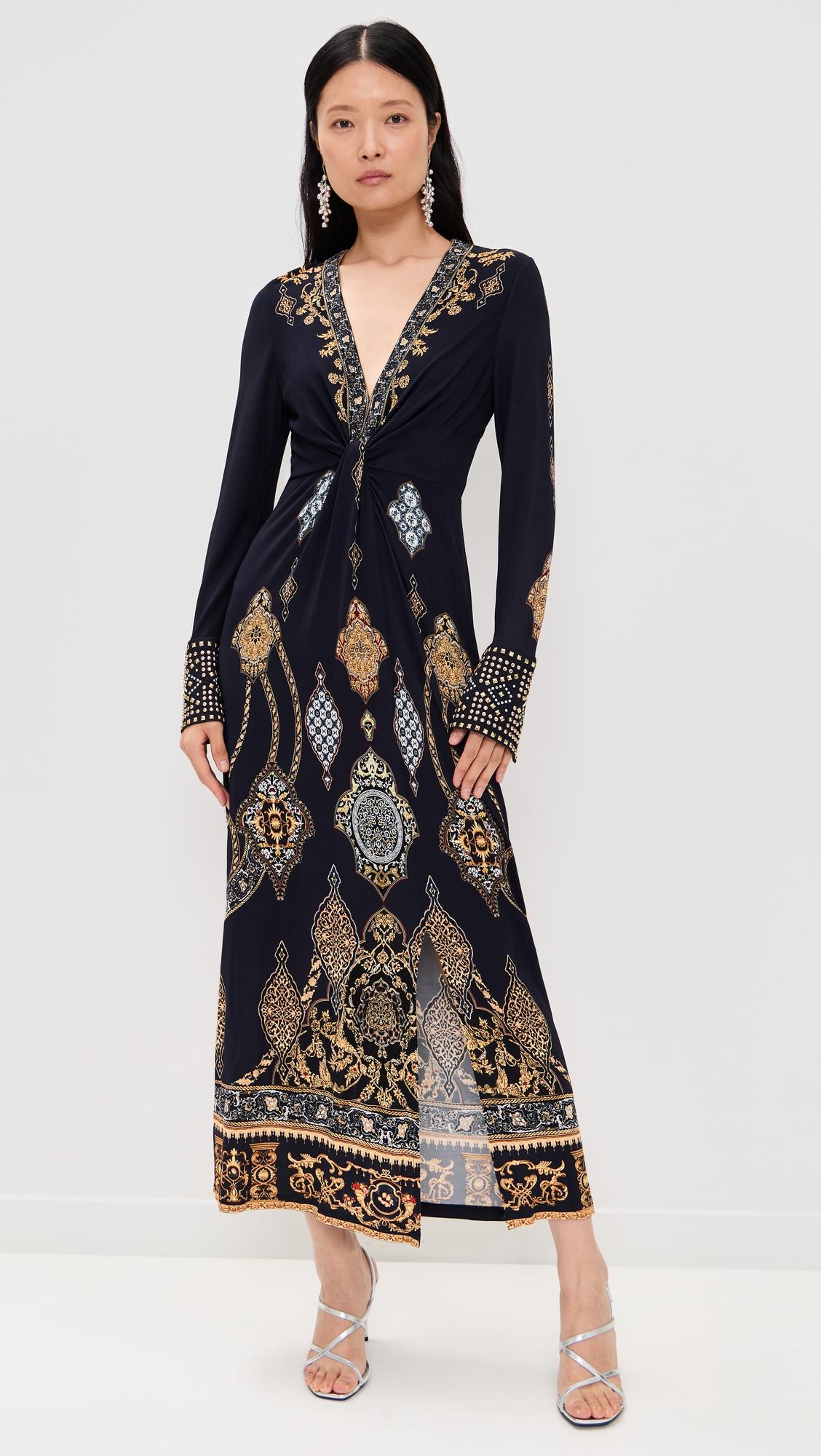 long v neck twist front jersey dress