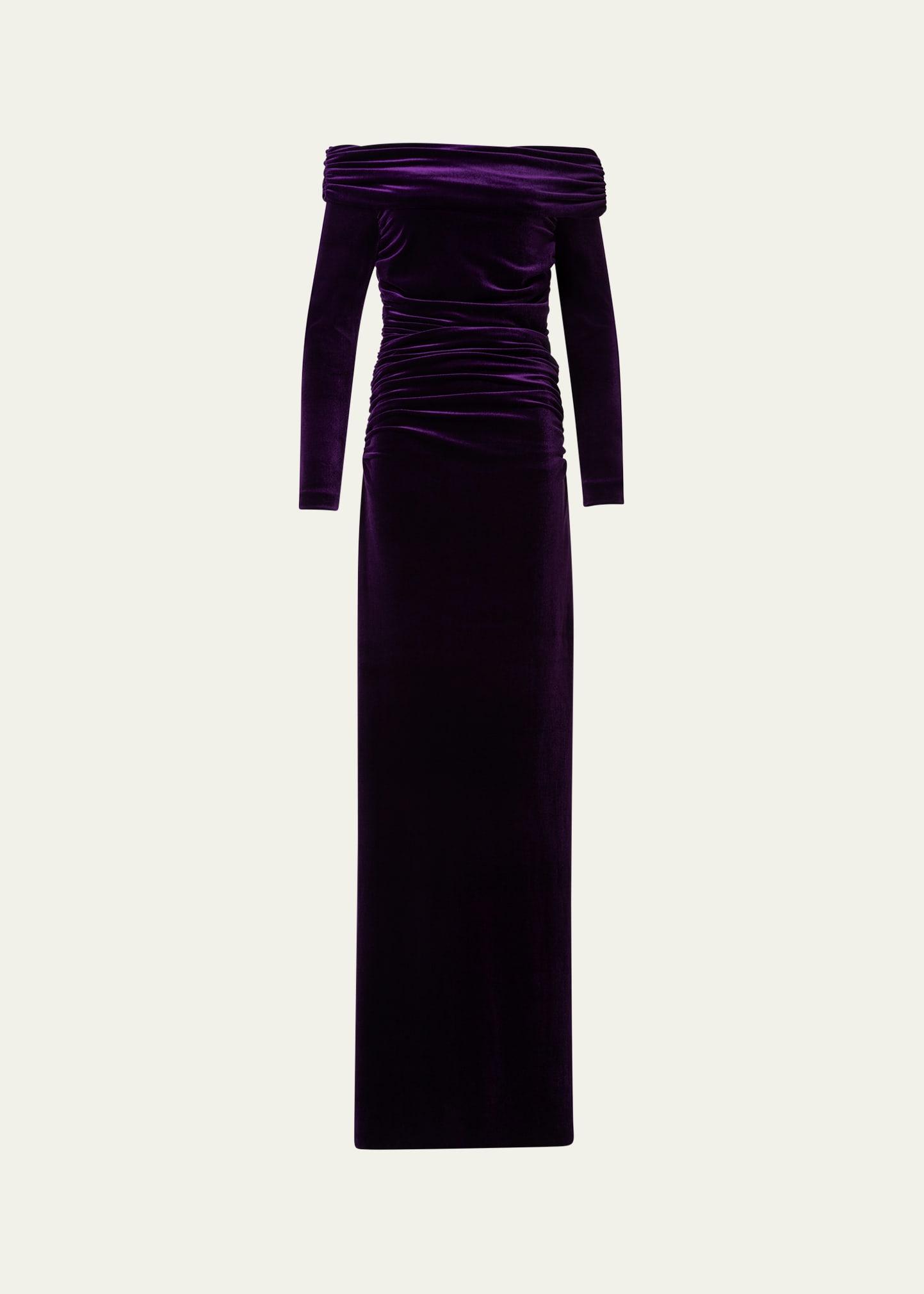 long velvet off-shoulder ruched gown