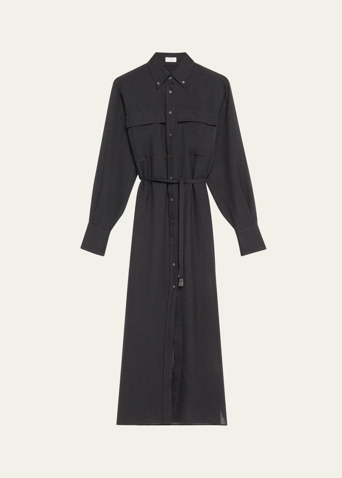 long wool gauze shirt jacket dress with waist tie
