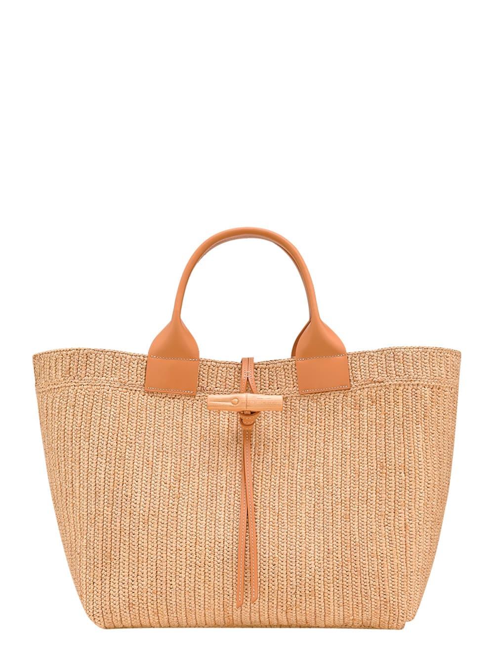 longchamp le smart beige tote bag with metallic detail on the front in raffia woman