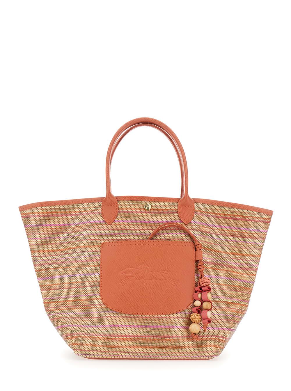 longchamp shoulder bag le panier pliage rainbow with charm on the front and striped motif in orange leather and fabric for women