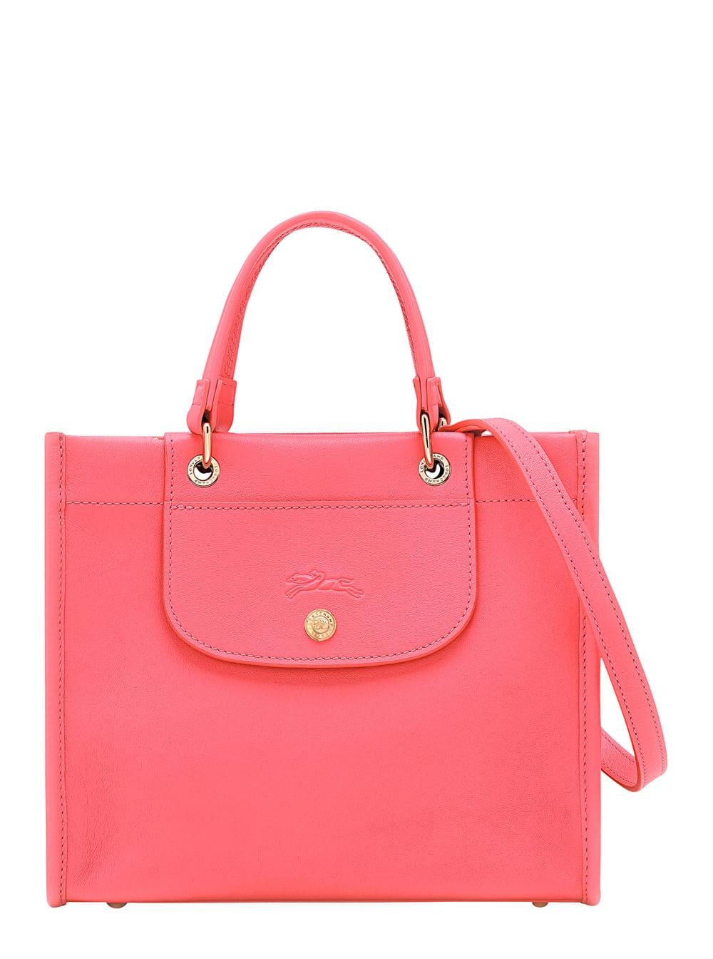 longchamp small cabas pink handbag with embossed logo on the front and adjustable and removable shoulder strap in leather woman