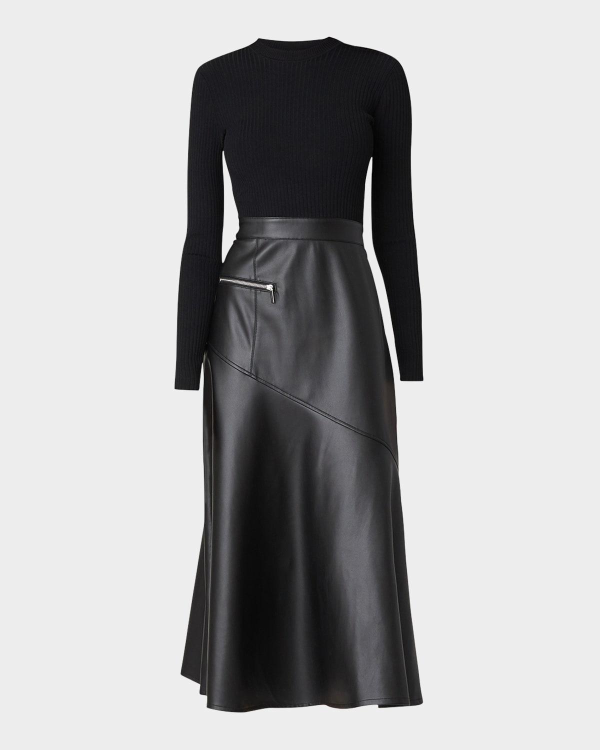 lonnie ribbed knit & faux leather midi dress