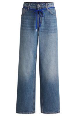 loose-fit jeans with branded lace belt- blue women's jeans