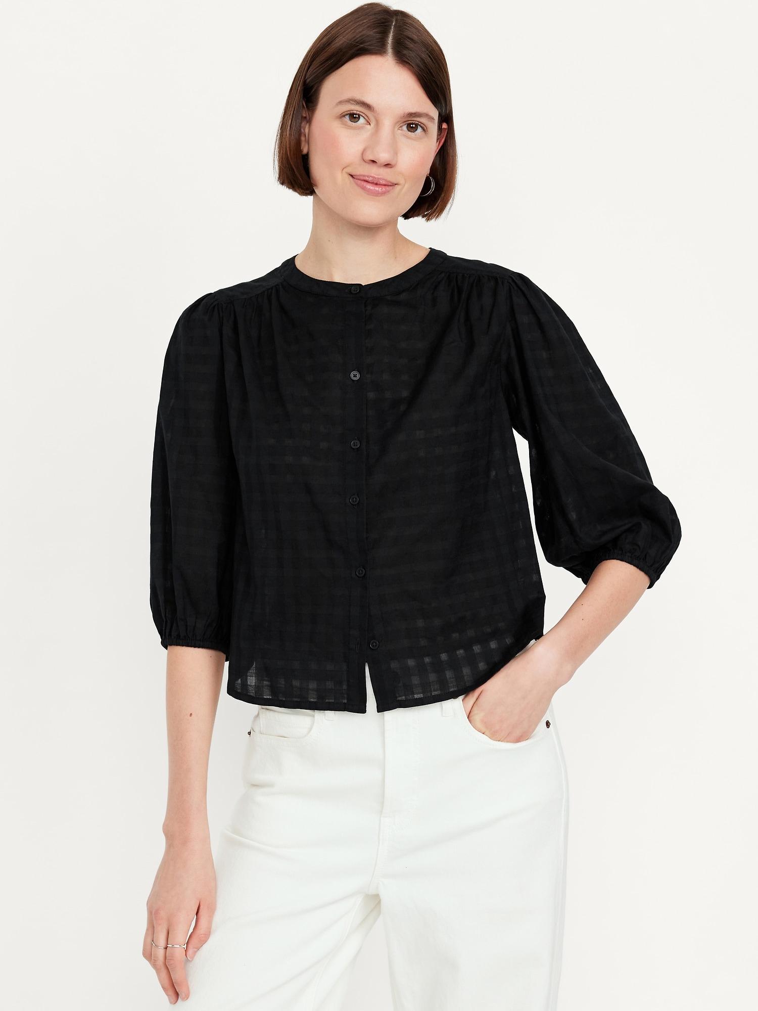 loose split-neck button-down top