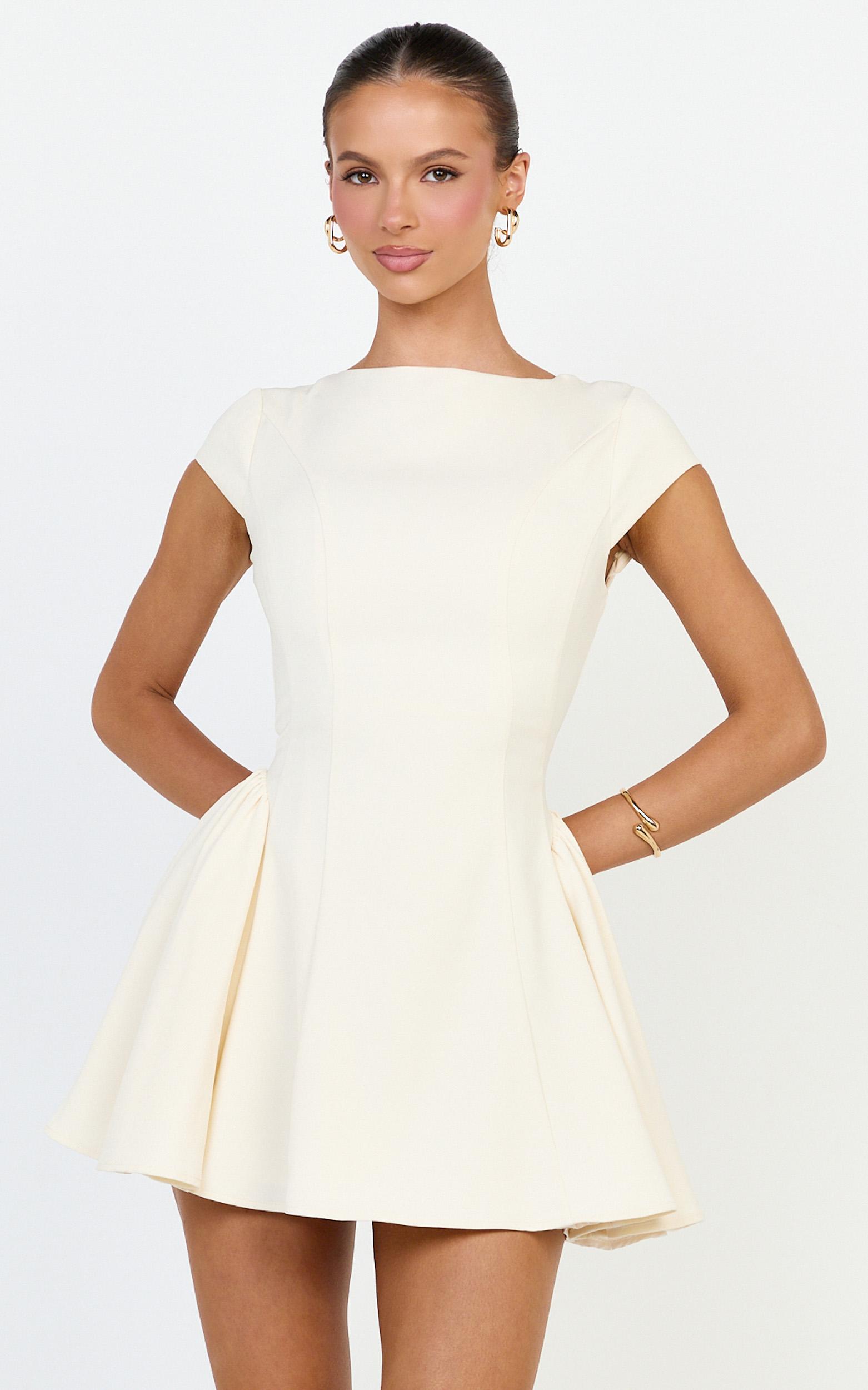 lorayne mini dress - cap sleeve gathered hip tie back mini dress in cream