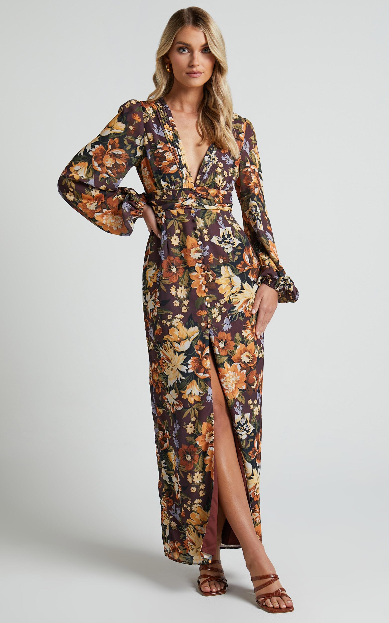 lorelei maxi dress - v neck balloon sleeve dress in indulgent bloom