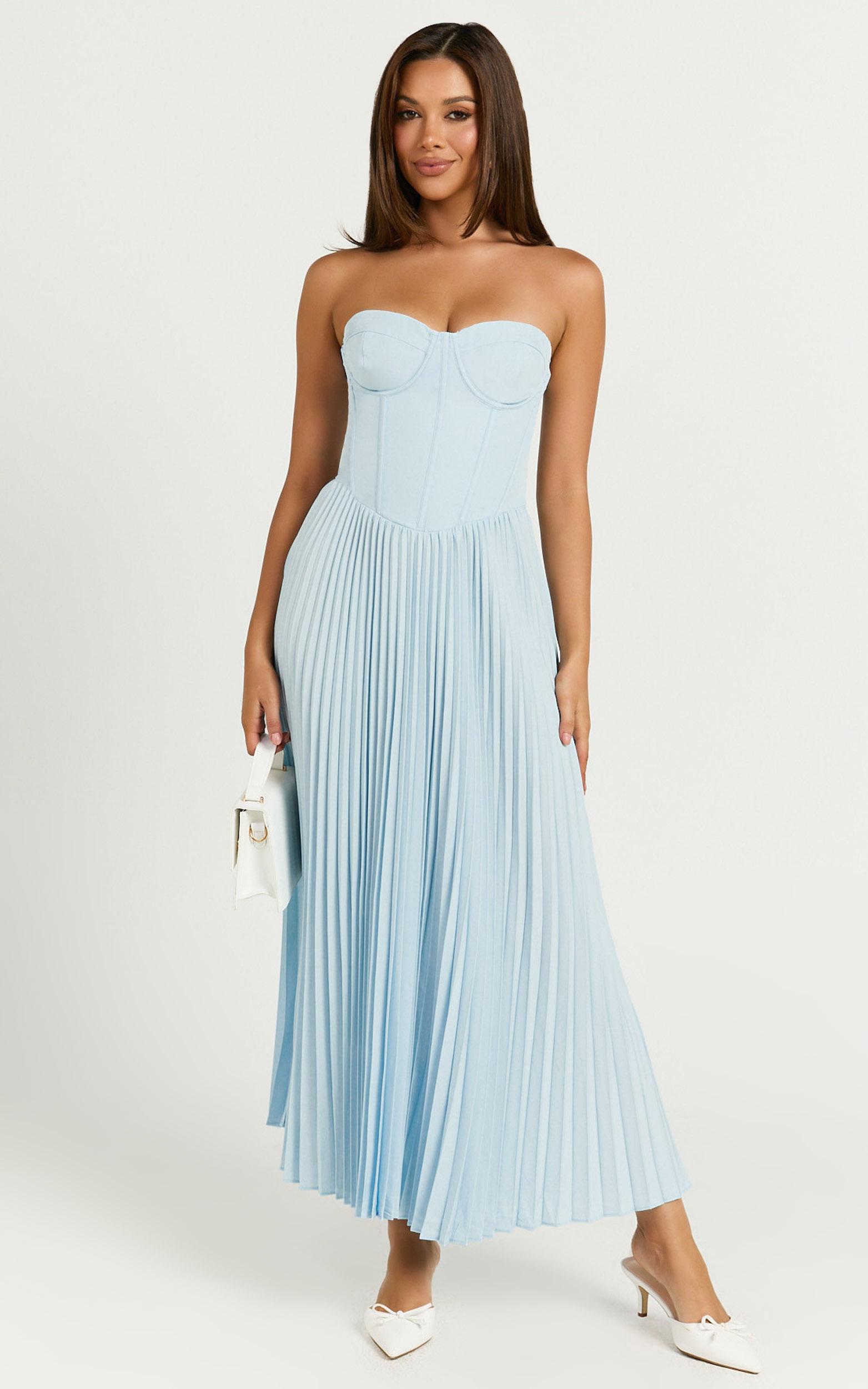 loretta midi dress - lace up back bustier pleated dress in light blue