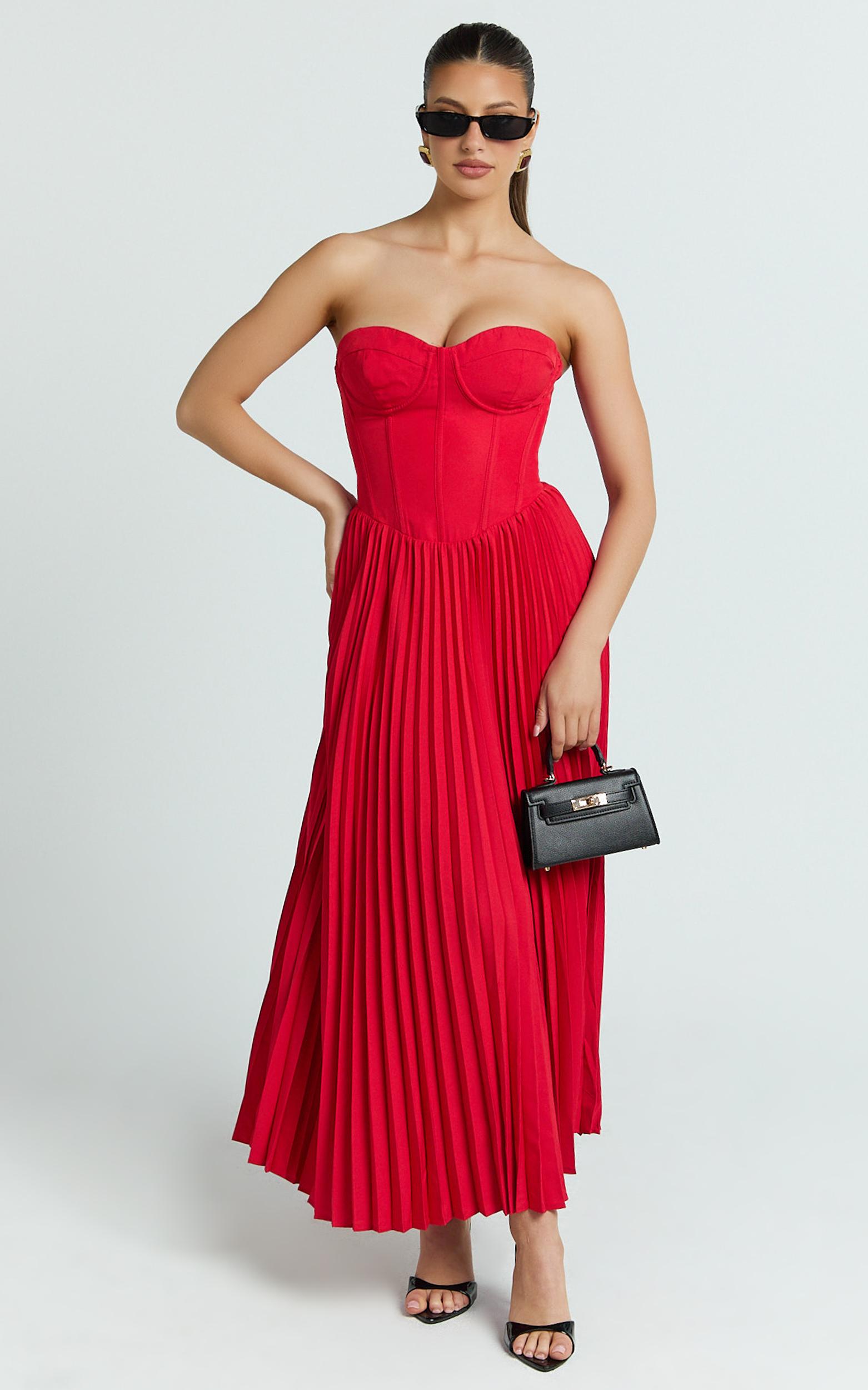 loretta midi dress - lace up back bustier pleated dress in red