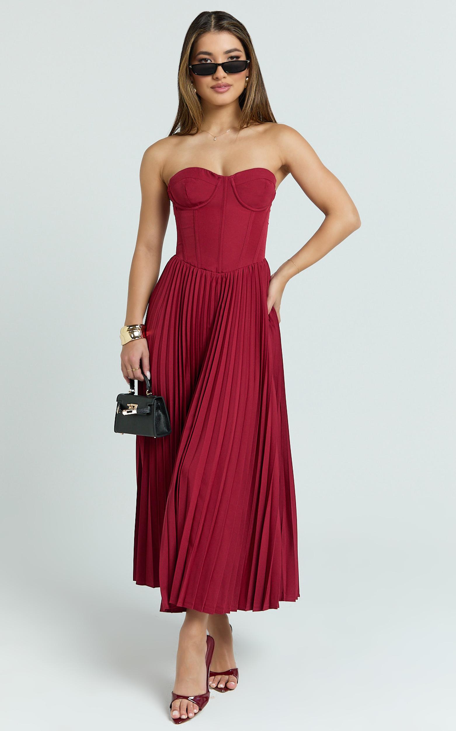 loretta midi dress - lace up back bustier pleated dress in wine