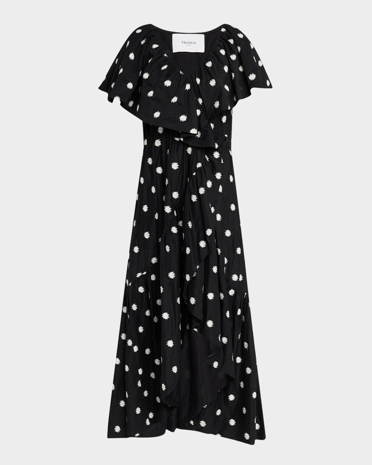 loris embroidered ruffle midi dress