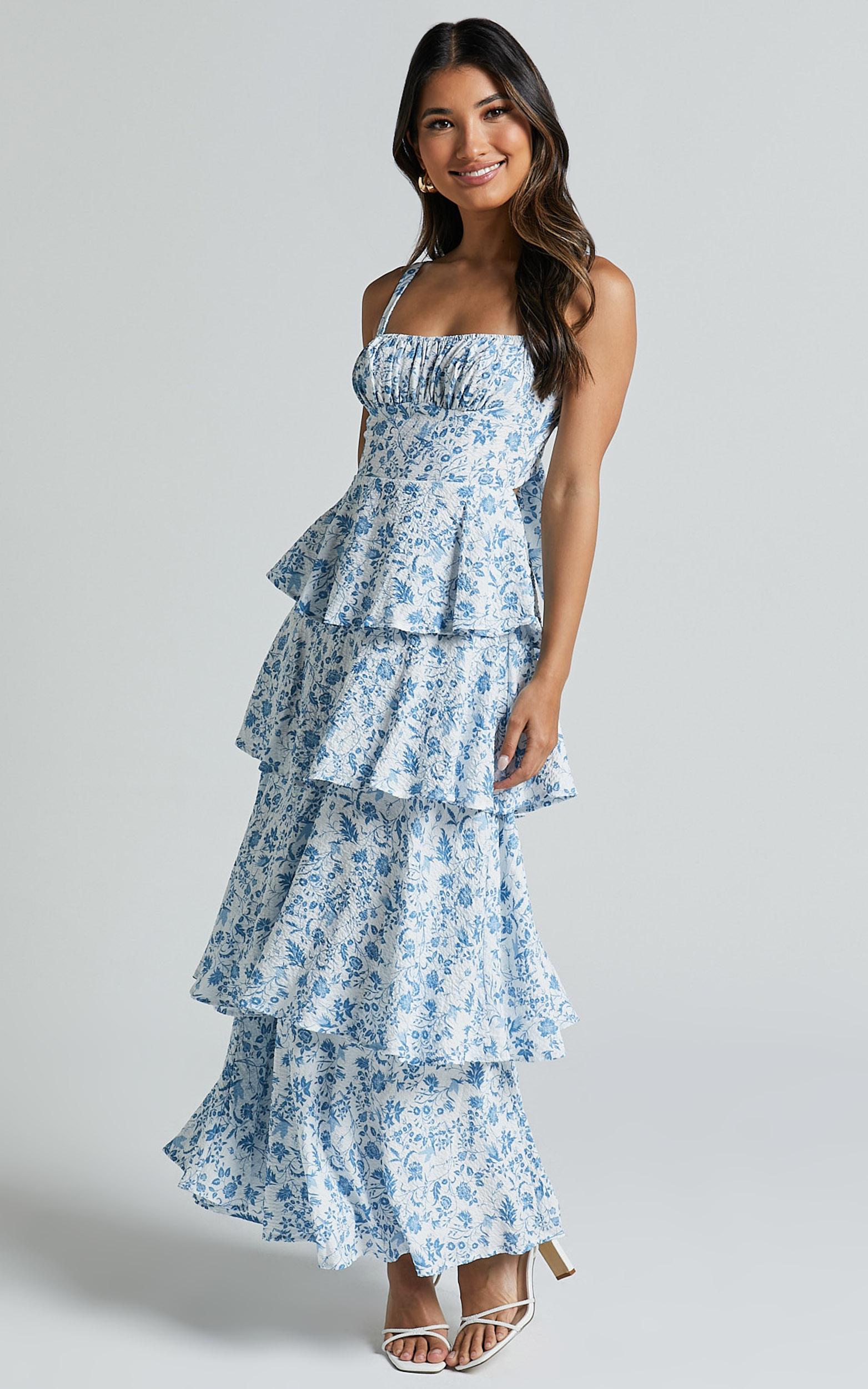 lorma midi dress - ruched layered dress in blue floral