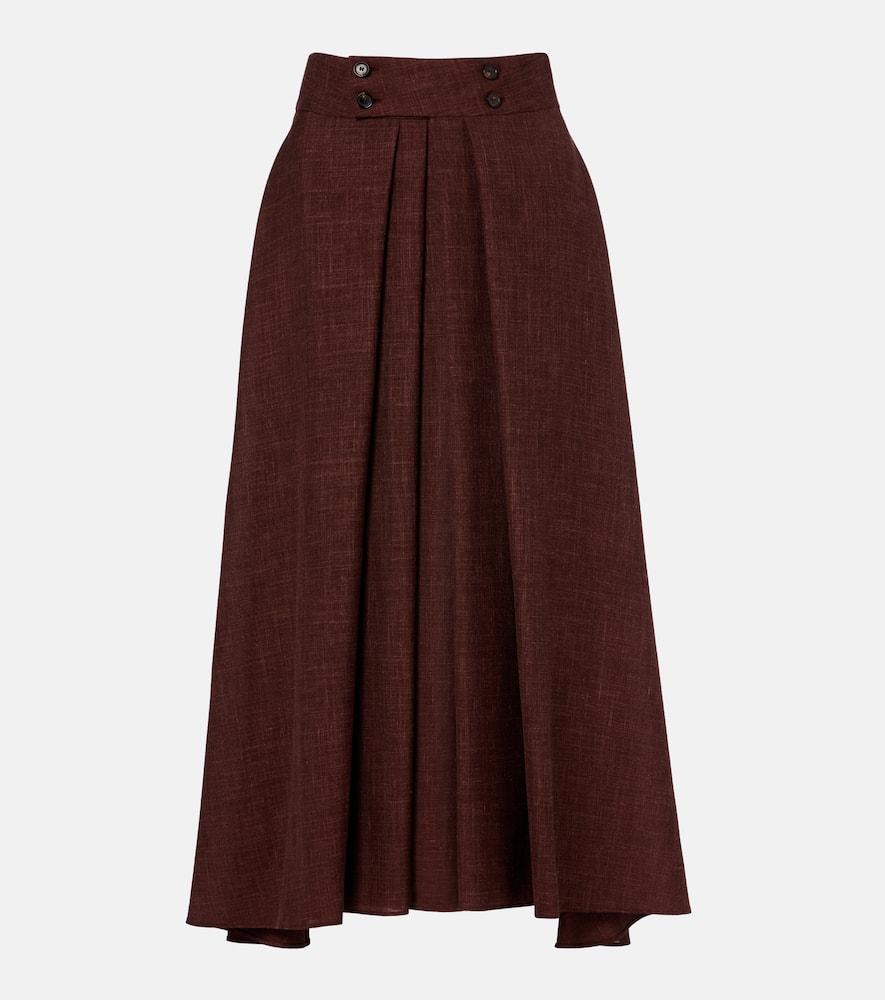 loro piana petra pleated wool, silk, and linen midi skirt