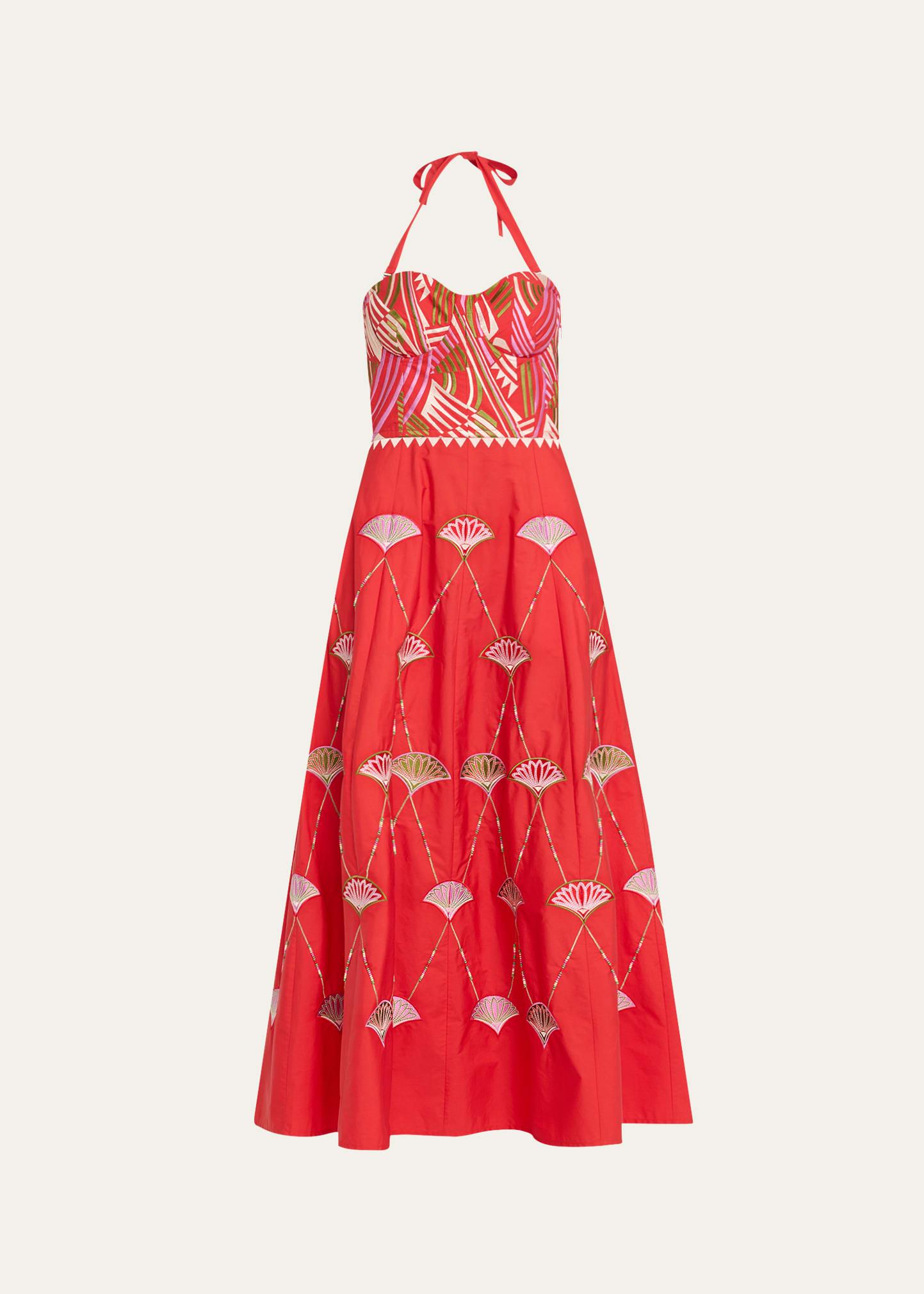 lotty embroidered a-line halter midi dress
