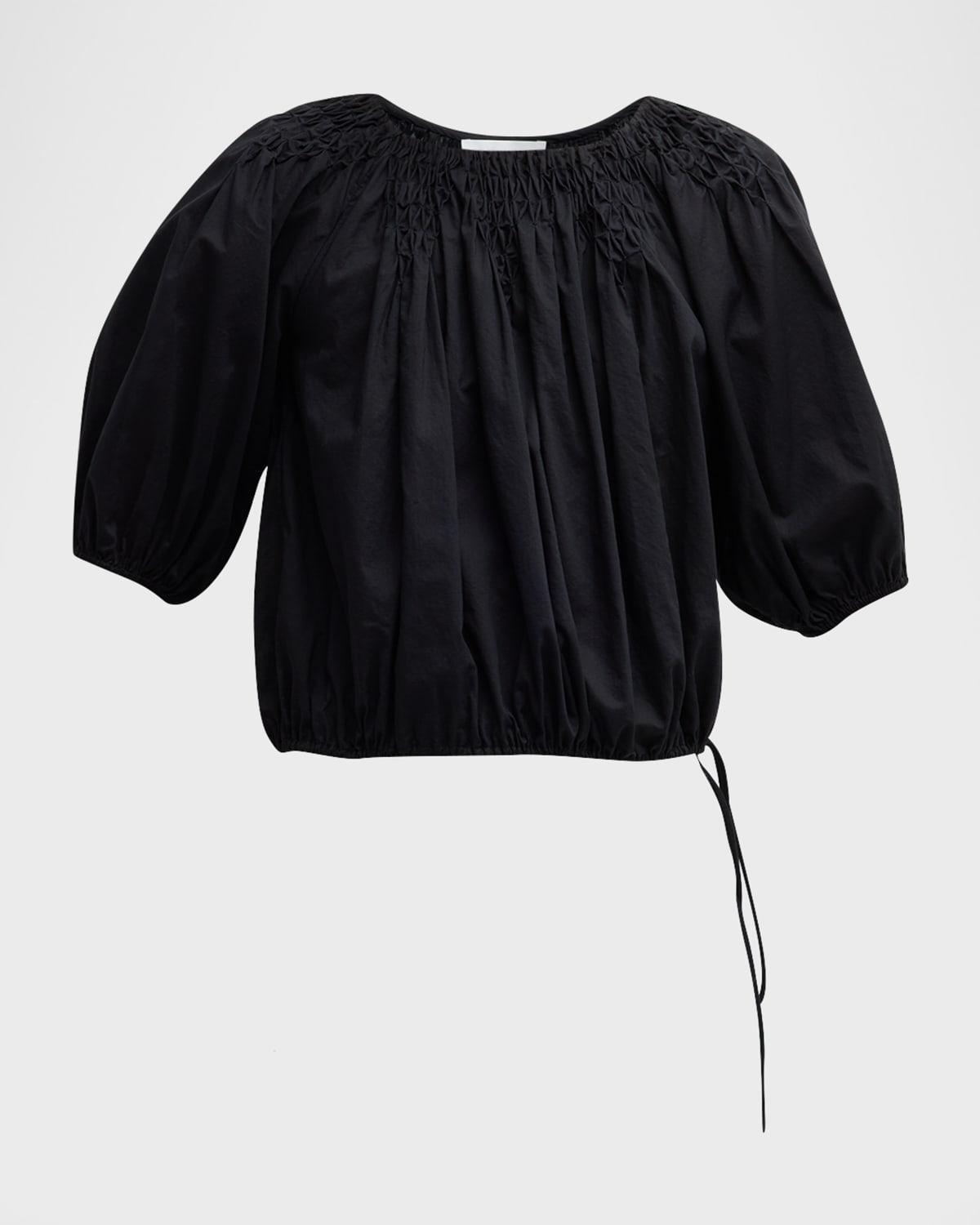 lotus smocked blouson-sleeve voile blouse
