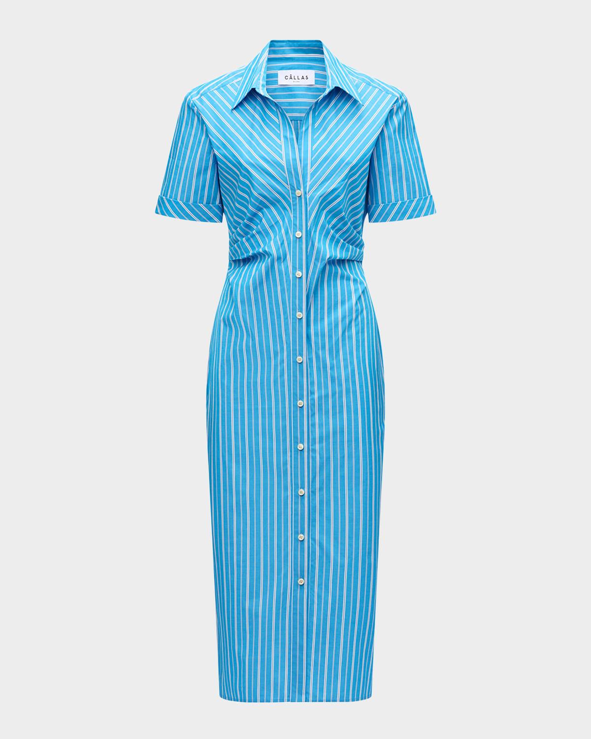 lou pleated striped cotton midi shirtdress