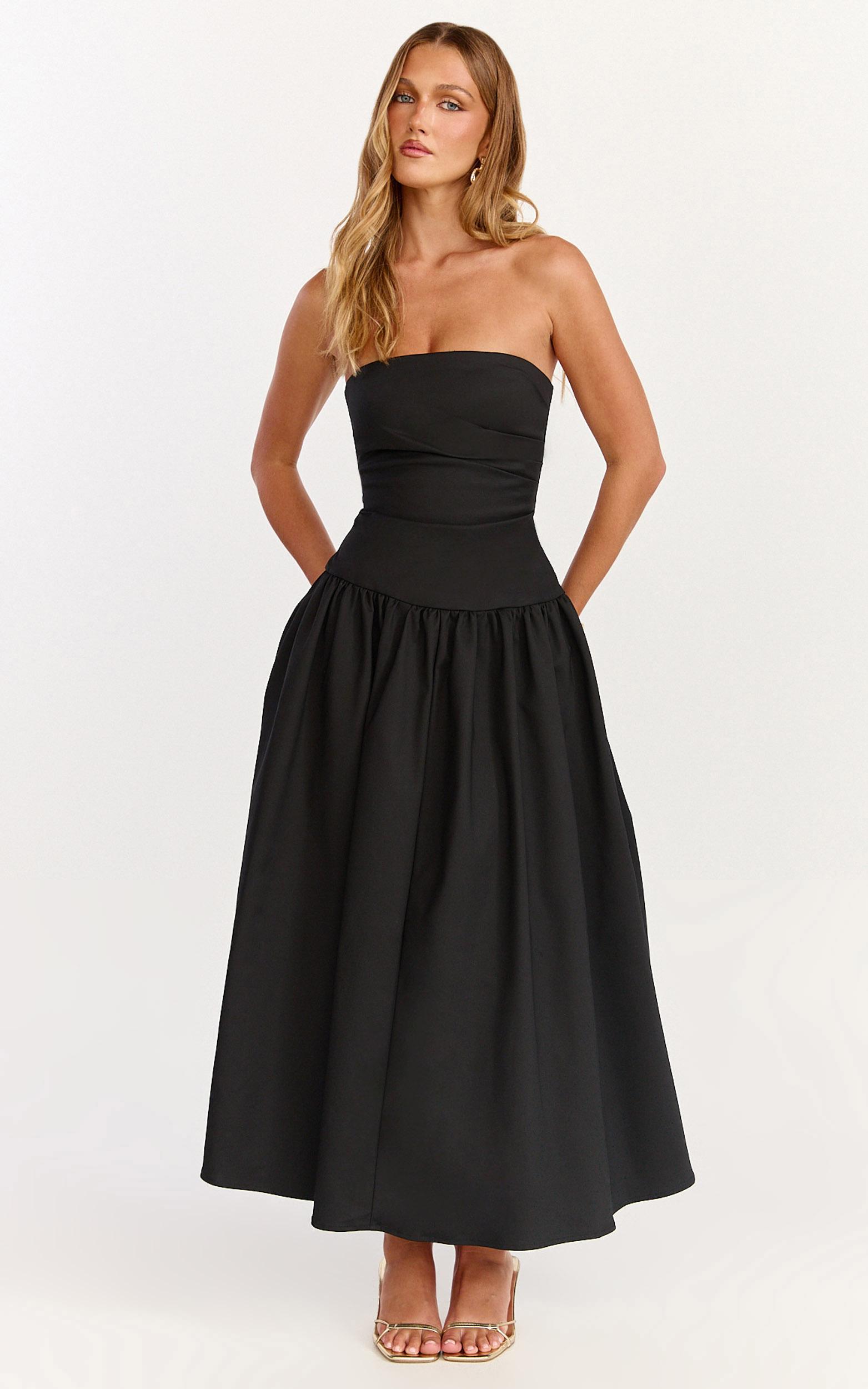 louisa maxi dress - strapless side ruched dropped waist fit and flare dress in black