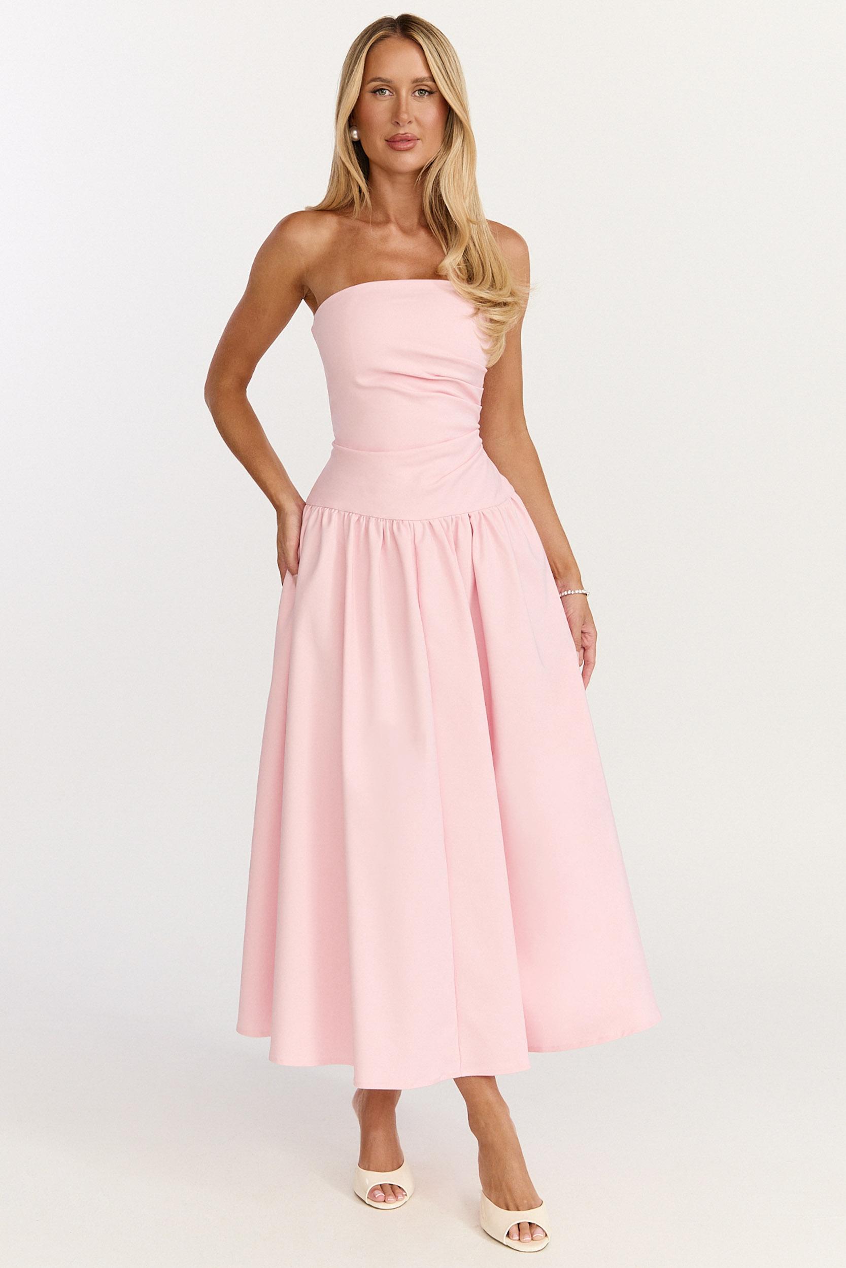 louisa midi dress - strapless side ruched dropped waist fit and flare dress in pink