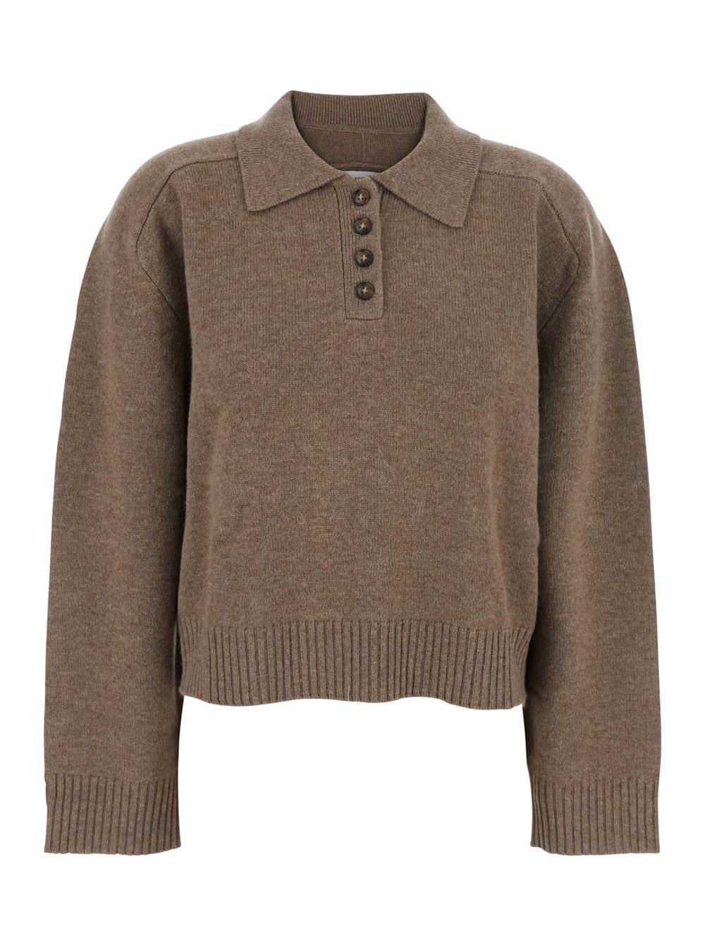 loulou studio brown polo shirt style sweater with classic collar and ribbed trims in cashmere woman