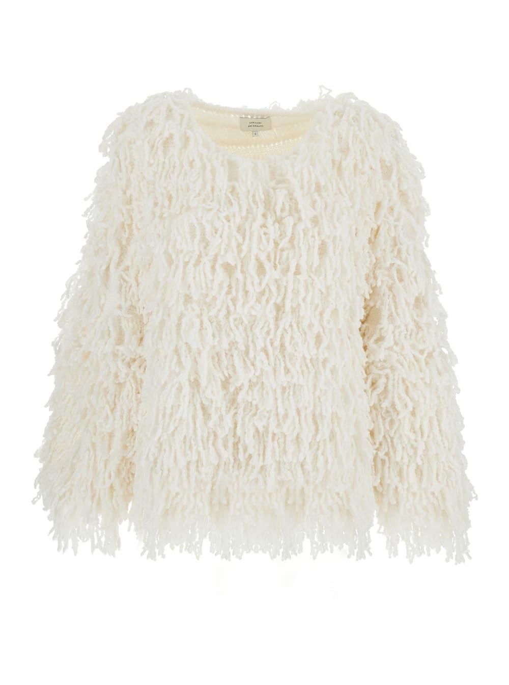 loulou studio gabin wihte sweater with round neck and all-over fringed embellishments in wool blend woman