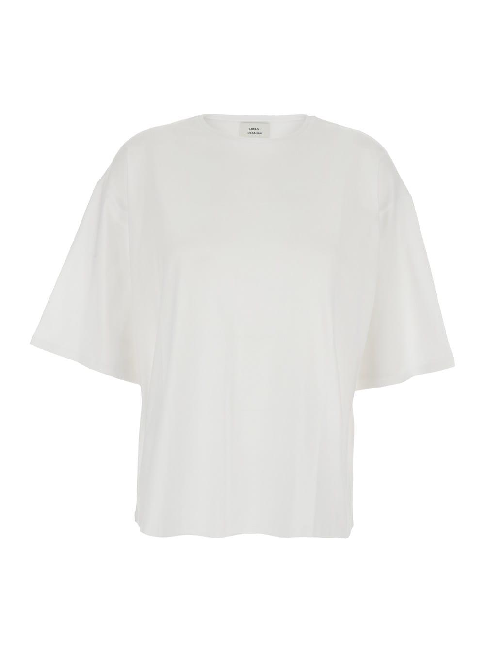 loulou studio t-shirt osiswhite crew neck with dropped shoulders in white cotton for women